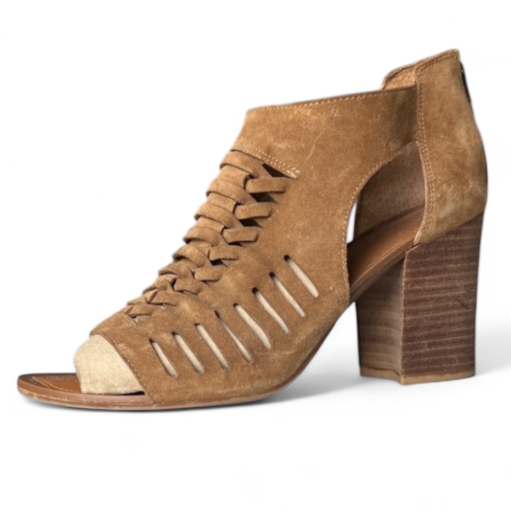 Franco Sarto Janice Woven Leather Suede Open Toe Heels Caramel Tan Brown 8M